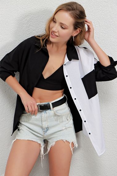 Kadın Siyah Beyaz Renk Bloklu Poplin Basic Gömlek HZL22S-BD1201161 - fotoğraf 4