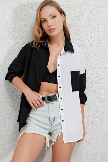 Kadın Siyah Beyaz Renk Bloklu Poplin Basic Gömlek HZL22S-BD1201161 - fotoğraf 3