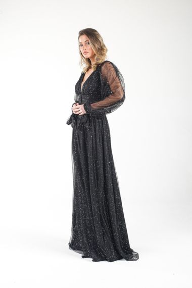 ALIS DRESS BLACK COLOR SILVERY TULLE EVENING DRESS WITH BUTTONS AT THE WAIST - photo 1