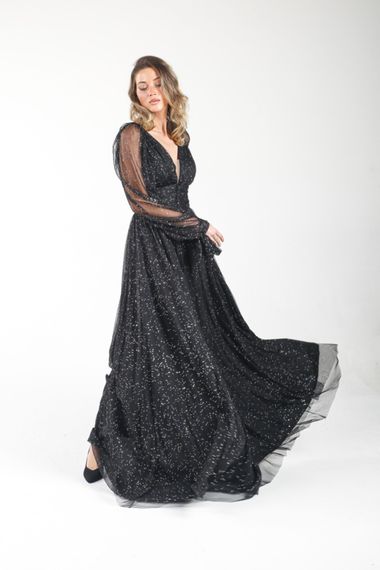 ALIS DRESS BLACK COLOR SILVERY TULLE EVENING DRESS WITH BUTTONS AT THE WAIST - photo 3