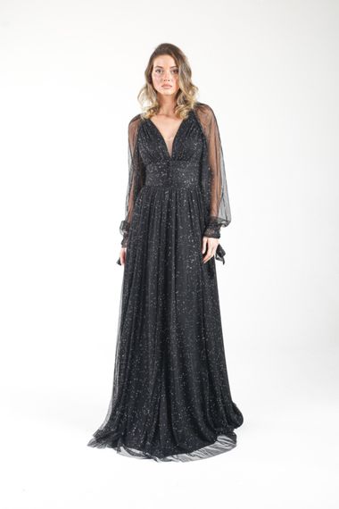 ALIS DRESS BLACK COLOR SILVERY TULLE EVENING DRESS WITH BUTTONS AT THE WAIST - photo 2