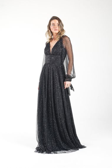 ALIS DRESS BLACK COLOR SILVERY TULLE EVENING DRESS WITH BUTTONS AT THE WAIST - photo 4