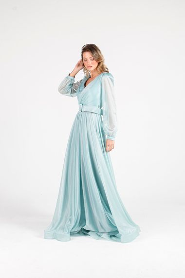 ALIS DRESS MINT BELT LONG SLEEVE SILVERY CHIFFON EVENING DRESS - photo 1