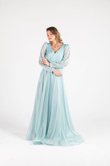 ALIS DRESS MINT BELT LONG SLEEVE SILVERY CHIFFON EVENING DRESS - photo 2