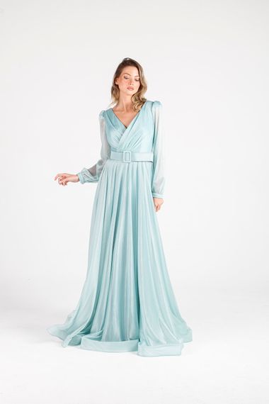 ALIS DRESS MINT BELT LONG SLEEVE SILVERY CHIFFON EVENING DRESS - photo 3