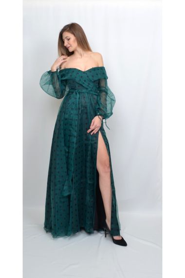 ALIS DRESS POOL DRESSED DROP SHOULDER EMERALD COLOR EVENING DRESS WITH SLUTS - photo 4