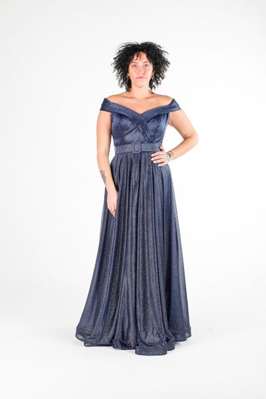 ALIS DRESS NAVY BLUE SILVERY CHIFFON BATHEET NECK EVENING DRESS - photo 3