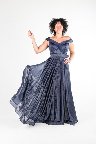 ALIS DRESS NAVY BLUE SILVERY CHIFFON BATHEET NECK EVENING DRESS - photo 4