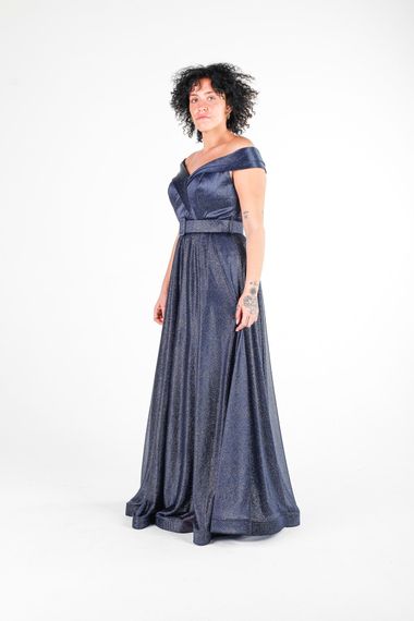 ALIS DRESS NAVY BLUE SILVERY CHIFFON BATHEET NECK EVENING DRESS - photo 2