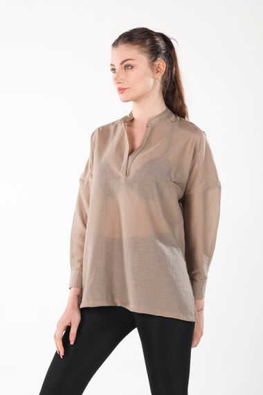 BEIGE V-NECK BUTTONLESS COMFORTABLE THIN SHIRT - photo 3