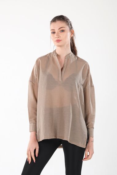 BEIGE V-NECK BUTTONLESS COMFORTABLE THIN SHIRT - photo 4