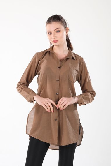 BROWN LONG SHIRT WITH SLIPS ON THE SIDE - photo 1