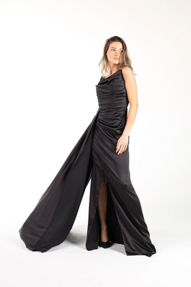 ALIS DRESS STRAPPED SATIN BLACK EVENING DRESS WITH DIFFICULT COLLAR ROPE STRAPS - photo 2