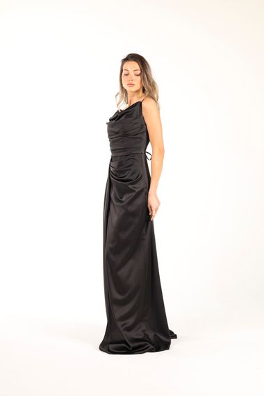 ALIS DRESS STRAPPED SATIN BLACK EVENING DRESS WITH DIFFICULT COLLAR ROPE STRAPS - photo 1