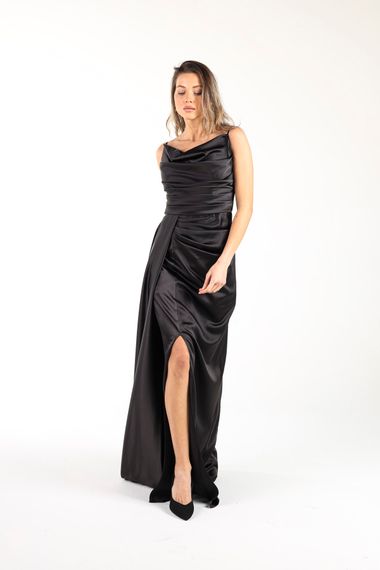 ALIS DRESS STRAPPED SATIN BLACK EVENING DRESS WITH DIFFICULT COLLAR ROPE STRAPS - photo 4