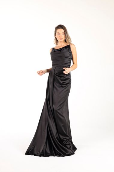 ALIS DRESS STRAPPED SATIN BLACK EVENING DRESS WITH DIFFICULT COLLAR ROPE STRAPS - photo 3