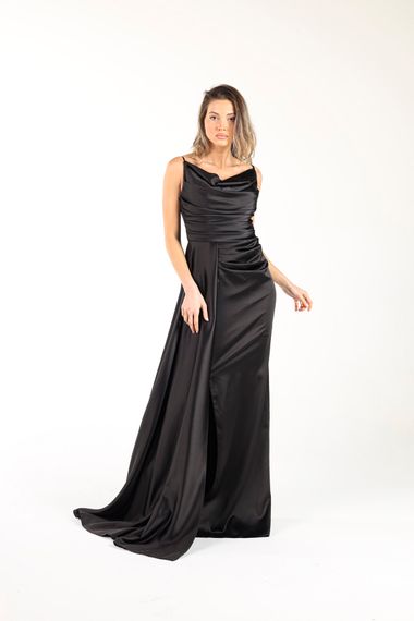 ALIS DRESS STRAPPED SATIN BLACK EVENING DRESS WITH DIFFICULT COLLAR ROPE STRAPS - photo 5