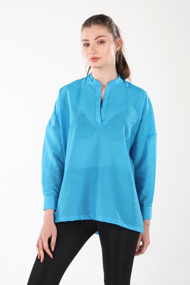 BLUE V-COLLAR BUTTONLESS COMFORTABLE THIN SHIRT - photo 4