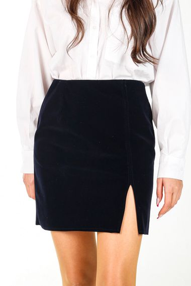 NAVY BLUE VELVET SLIPPED MINI SKIRT - photo 4