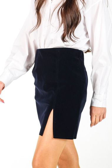 NAVY BLUE VELVET SLIPPED MINI SKIRT - photo 3