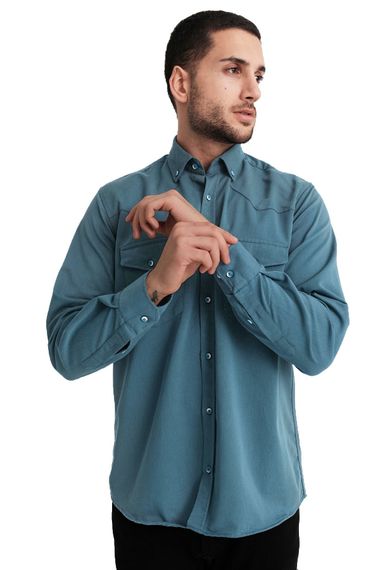 Мужская габардиновая джинсовая рубашка с двумя карманами Varetta бирюзового цвета Lewis Model - фото 2