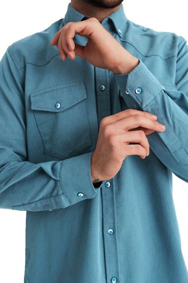Мужская габардиновая джинсовая рубашка с двумя карманами Varetta бирюзового цвета Lewis Model - фото 3