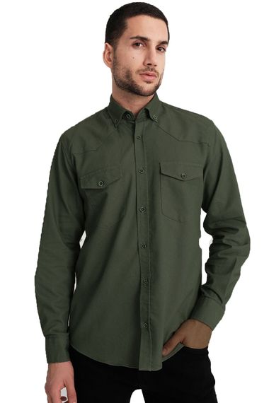 Мужская габардиновая джинсовая рубашка с двумя карманами Varetta цвета хаки, зеленая модель Lewis - фото 1