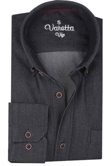 Мужская джинсовая рубашка Varetta антрацитового цвета с длинными рукавами и карманами - фото 1