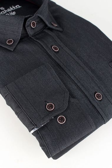 Мужская джинсовая рубашка Varetta антрацитового цвета с длинными рукавами и карманами - фото 3