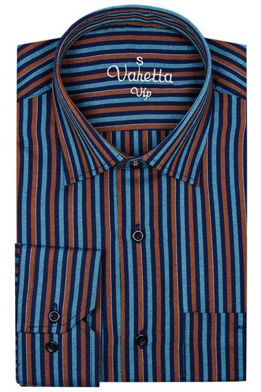 Men's Classic Cut Single Pocket Long Sleeve Blue Brown Men's Shirt - photo 2