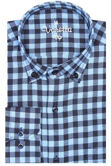 Men's Blue Long Sleeve Plaid Checkered Classic Fit Collar Buttoned Pocket Shirt - photo 2