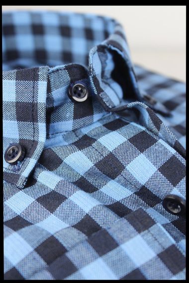 Men's Blue Long Sleeve Plaid Checkered Classic Fit Collar Buttoned Pocket Shirt - photo 3