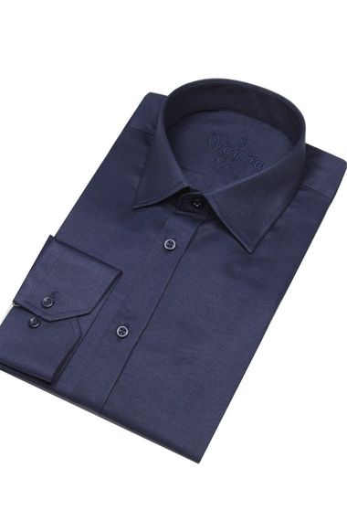 Men's Navy Blue Long Sleeve Slim Fit Pocketless Shirt - photo 2