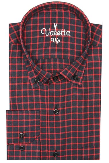 Men's Black Red Long Sleeve Plaid Checkered Classic Fit Collar Buttoned Pocket Shirt - photo 1