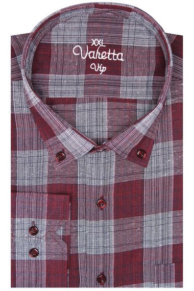 Men's White Claret Red Super Large Size Long Sleeve Collar Buttoned Checkered Single Pocket Shirt - photo 1