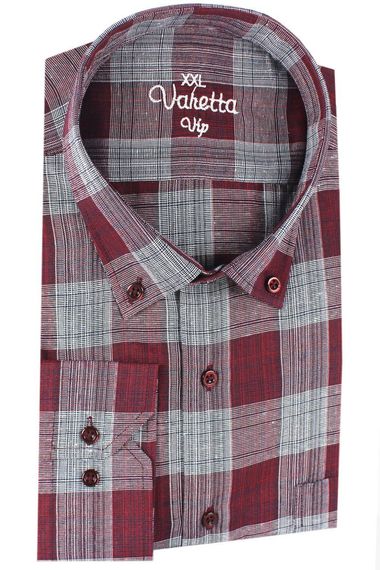 Men's White Claret Red Super Large Size Long Sleeve Collar Buttoned Checkered Single Pocket Shirt - photo 2