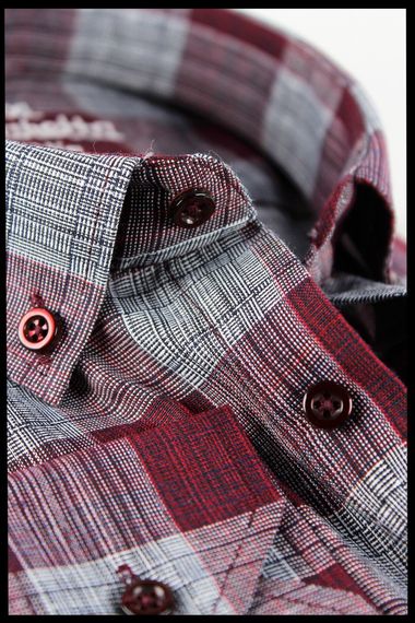 Men's White Claret Red Super Large Size Long Sleeve Collar Buttoned Checkered Single Pocket Shirt - photo 4