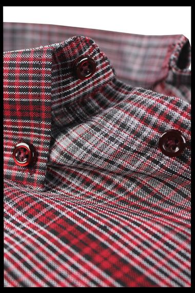 Men's Claret Red Super Large Size Long Sleeve Collar Buttoned Checkered Single Pocket Shirt - photo 3