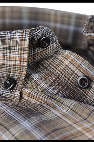 Men's Brown Super Large Size Long Sleeve Collar Buttoned Checkered Single Pocket Shirt - photo 4