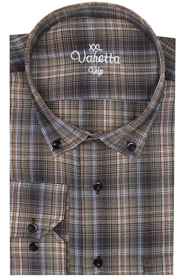 Men's Brown Super Large Size Long Sleeve Collar Buttoned Checkered Single Pocket Shirt - photo 1