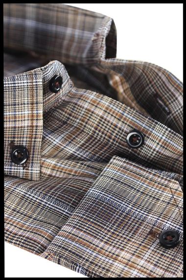 Men's Brown Super Large Size Long Sleeve Collar Buttoned Checkered Single Pocket Shirt - photo 2