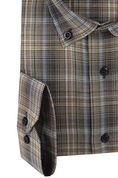 Men's Brown Super Large Size Long Sleeve Collar Buttoned Checkered Single Pocket Shirt - photo 3