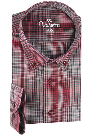 Men's Claret Red Super Large Size Long Sleeve Collar Buttoned Checkered Single Pocket Shirt - photo 2