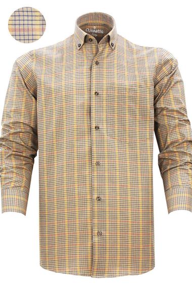 Men's Yellow Brown Classic Cut Checkered Collar Buttoned Single Pocket Long Sleeve Shirt - photo 1