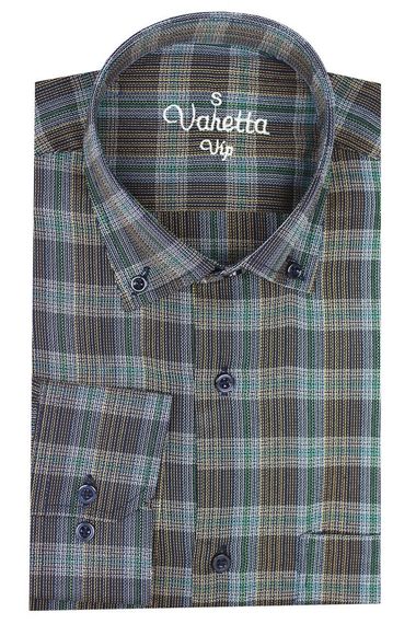 Men's Blue Green Classic Cut Checked Collar Buttoned Single Pocket Long Sleeve Shirt - photo 2