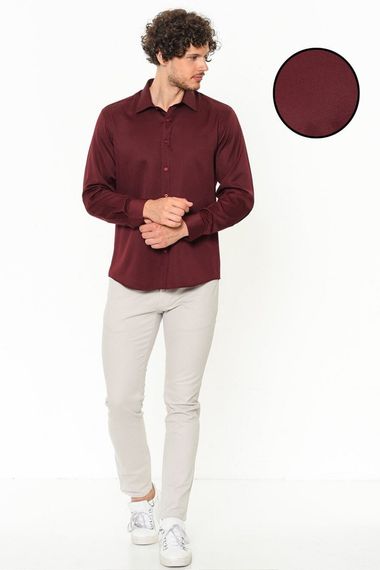 Men's Burgundy Straight Slim Fit Long Sleeve Shirt - photo 2