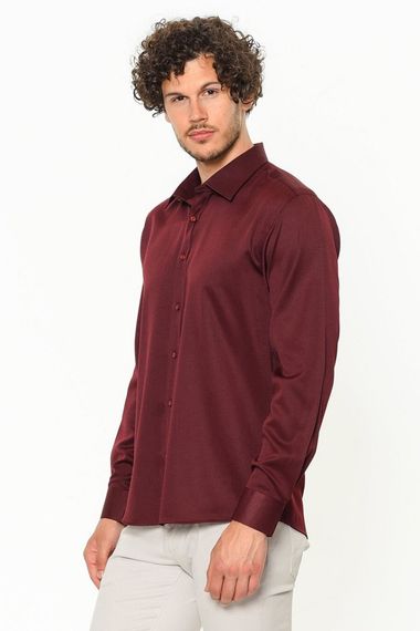 Men's Burgundy Straight Slim Fit Long Sleeve Shirt - photo 3