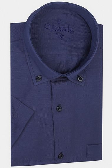 Men's Navy Blue Short Sleeve Classic Cut Collar Buttoned Cotton Satin Shirt - photo 1