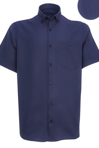 Men's Navy Blue Short Sleeve Classic Cut Collar Buttoned Cotton Satin Shirt - photo 2