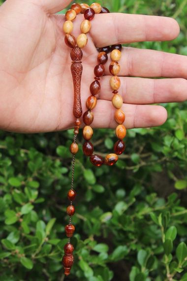 Male 33 Lux Barley Cut Chestnut Brown Powder Amber Rosary Boxed